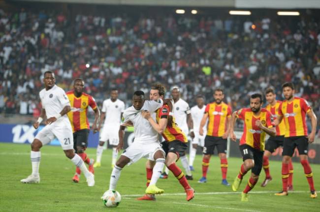 Aymen Ben Mohamed and Justin Shonga during the CAF Champions League first-leg match between Orlando Pirates and Esperance de Tunis at Orlando Stadium on 2 February 2019. Photo | Lefty Shivambu/Gallo Images