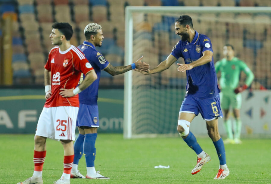 Jelassi and Sasse celebrate after the victory over Al Ahly at Cairo Stadium, March 21, 2026. (Photo CAFOnline.com)