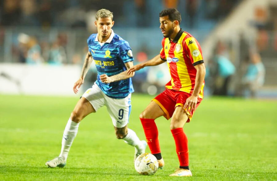 Houssem Tka and Arthur Sales during the Champions League semifinal against Sundowns at the Radès stadium, April 12, 2026. (Photo CAFOnline.com)