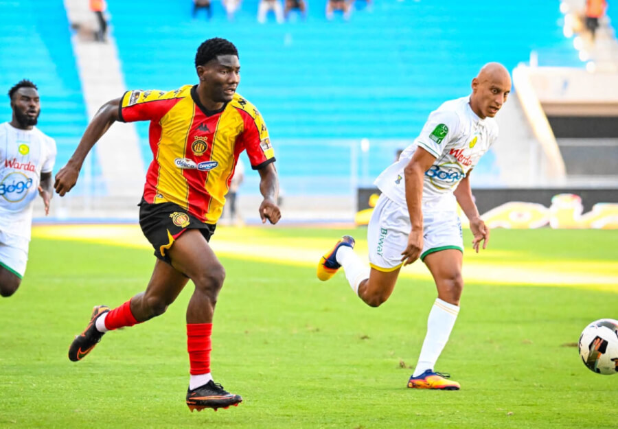 L'attaquant camerounais Maël Fernandez Monyebe buteur face à l'AS Marsa au stade de Radès, le 6 septembre 2026. (Photo est.org.tn)